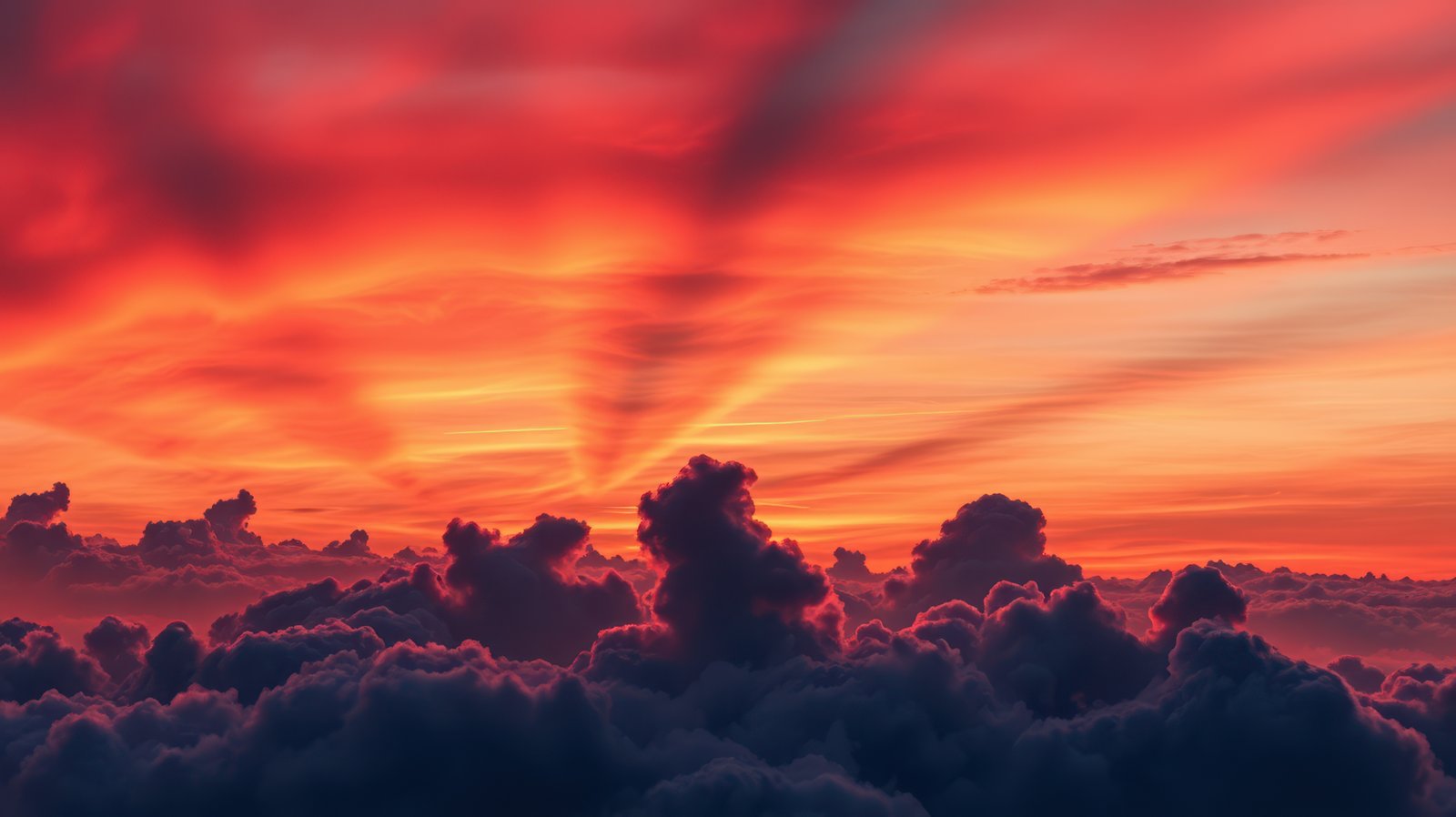 A breathtaking sunset over a sea of clouds, casting a warm, orange glow across the sky